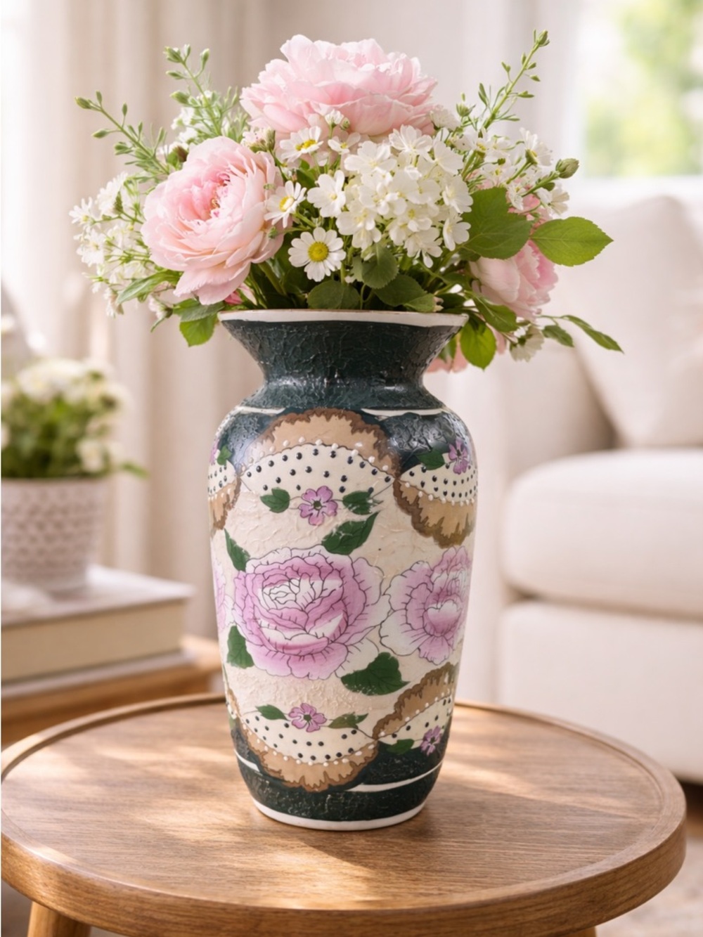 Textured Chinese Floral Vase 9” Tall – Hand-Painted Peony & Crackle Glaze Accent